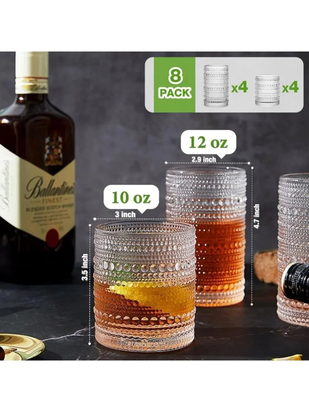 Vintage Hobnail Glasses Set of 8 - 12oz Highball & 10oz Cocktail Tumblers for